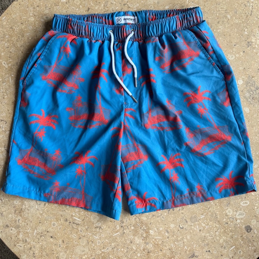 Mosmann Australia Mens Blue Red Palm Tree Swim Trunks Board Shorts Size M